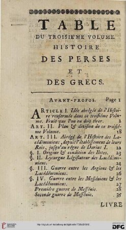 Table du troisième volume. Histoire des Perses et des Grecs