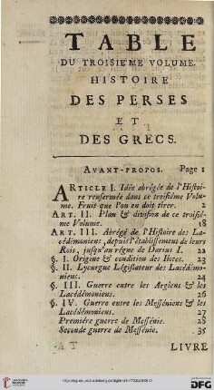 Table du troisième volume. Histoire des Perses et des Grecs