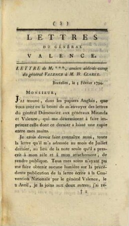 Lettres du Général Valence pour servier de suite aux mémoires du général Dumouriez