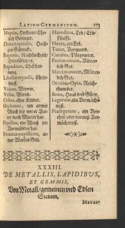 XXXIII. De Metallis, Lapidibus, Et Gemmis, Von Metall/ gemeinen vnd Edlen Steinen.