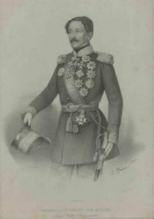 Moritz von Miller (1792-1866), Generalleutnant, Kriegsminister 1850-1865 in grosser Uniform, Schärpe und Orden, Brustbild in Halbprofil