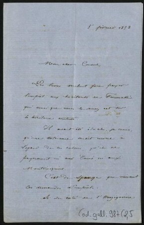 52 Briefe, Originale bzw. Abschriften: Diplomatische Korrespondenz der Hauptakteure der Montenegropolitik der Jahre 1857-1861 - BSB Cod.gall. 987(1-5, Teil 2,5. The Henri Delarue - Hyacinthe Hecquard correspondence, 1857-1858 (33 original confidential letters), Nr. 5: February 5, 1858 - BSB Cod.gall. 987(2,5