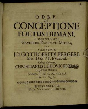 De Conceptione Foetus Humani, Consentiente Gratiosiss. Facultate Medica