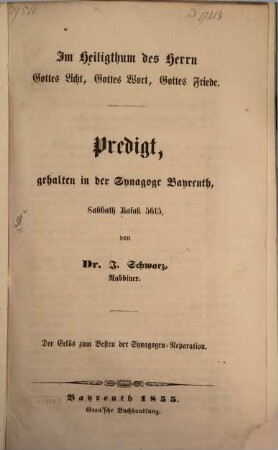 Im Heiligthum des Herrn Gottes Licht, Gottes Wort, Gottes Friede