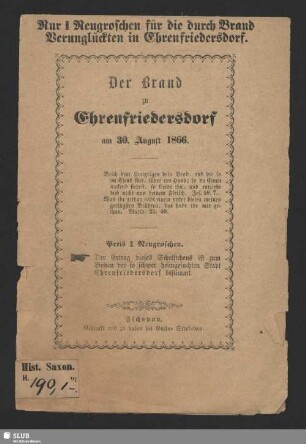 Der Brand zu Ehrenfriedersdorf am 30. August 1866