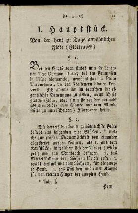 I. Hauptstück. Von der heut zu Tage gewöhnlichen Flöte (Flöttraver)