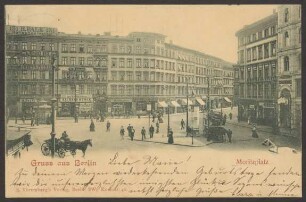 Ansichtskarte Straßenkreuzung mit Verkehrsinsel und Pferdekutschen, Moritzplatz [2/3]