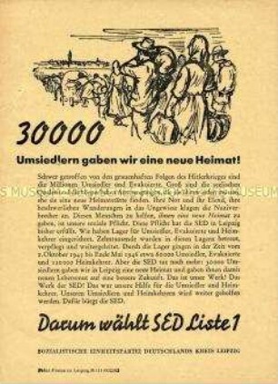 Propagandaflugblatt der SED zur Umsiedler-Politik und damit verbundener Aufruf zu den Gemeindewahlen 1946