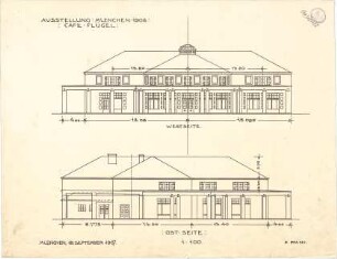 Pfann, Paul; München - Theresienhöhe; Ausstellung München 1908 - Cafe - Flügel, Ost - u. Westseite (Aufrisse)
