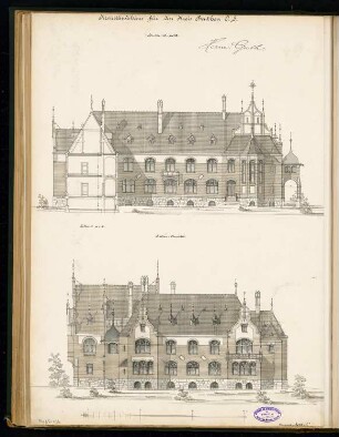 Landratsamt (Kreishaus), Beuthen Monatskonkurrenz Dezember 1896: Aufriss Seitenansicht, Querschnitt mit Hofansicht; Maßstabsleiste