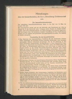 Mitteilungen über die Immatrikulation, die An- u. Abmeldung, Gebührenerlaß usw.
