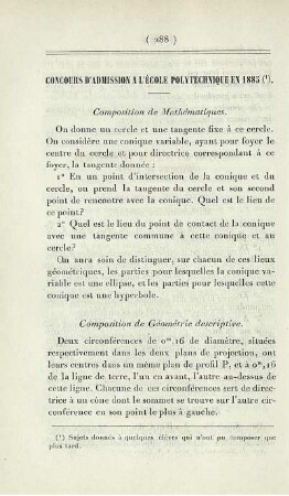 Concours d'admission a l'école polytechnique 1885.