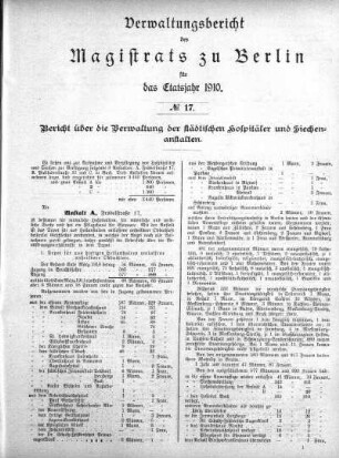 No. 17. Bericht über die Verwaltung der städtischen Hospitäler und Siechenanstalten