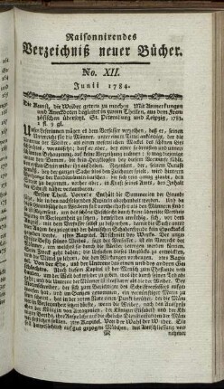 No. XII. Junii 1784.