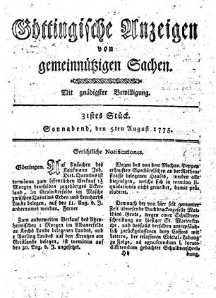 31stes Stück. Sonnabend, den 5ten August 1775.