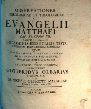 Observationes philologicas et theologicas ad Evangelii Matthaei Cap. XI, comm. 12 : Partis II. sectio II., discriminis essentialis testamentorum deductionem complexa