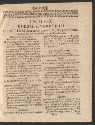 Index Rerum, Et Verborum In hoc III. Libro Decret. contentorum, ubi prior numerus paginam, alter numerum marginalem denotat