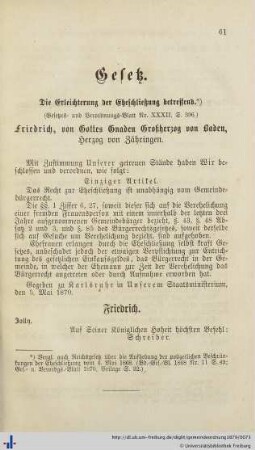 Gesetz. Die Erleichterung der Eheschließung betreffend