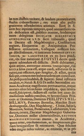 Natalem LII. serenissimi potentissimique principis ac domini, domini Friderici, regis Borussiae ... Nicolaus Hieronymus Gundlingius ... gratulabundus celebrabit
