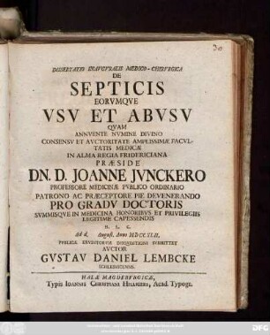 Dissertatio Inavgvralis Medico-Chirvrgica De Septicis Eorvmque Vsv Et Abvsv