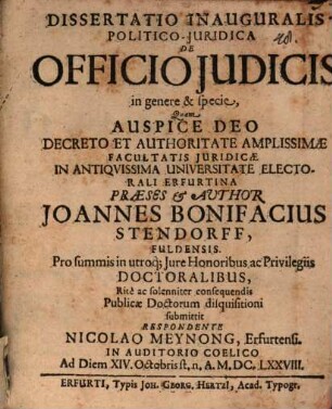 Dissertatio Inauguralis Politico-Juridica De Officio Judicis in genere & specie