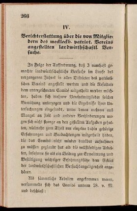 IV. Berichterstattung über die von Mitgliedern des meckleckb. patriot. Vereins angestellten landwirthschaftl. Versuche