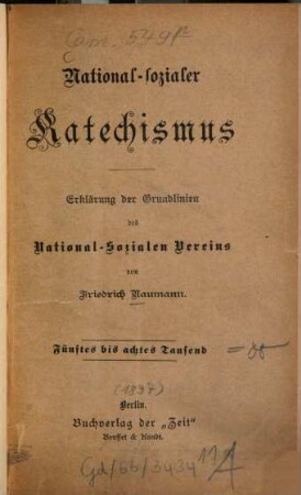 National-sozialer Katechismus : Erklärung d. Grundlinien d. National-Sozialen Vereins. [Umschlagt.]