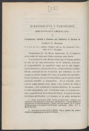 Bibliografía americana. : Bibliografía y variedades. [Reseña de libro]