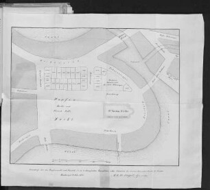 Grundriss der am Hopfenmarkt und Burslah, etc. zu verkaufenden Bauplätze, nebst Situation der neuzuerbauenden Kirche St. Nicolai. Hamburg, d. 27. Febr. 1844