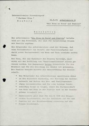 Resolution "Die Frau in Beruf und Familie"