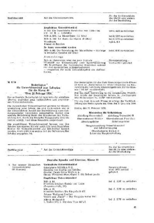 Bedarfsplan für Unterrichtsmittel zum Lehrplan für die Klasse 10 : 8/70 vom 26. Februar 1970 ; [Mitteilungen]