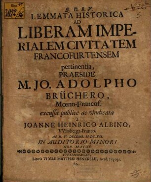 Lemmata historica ad liberam imperialem civitatem Francofurtensem pertinentia