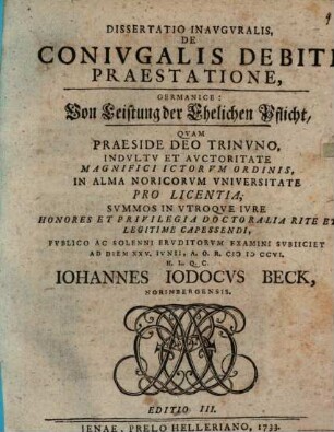 Dissertatio Inavgvralis, De Conivgalis Debiti Praestatione, Germanice: Von Leistung der Ehelichen Pflicht