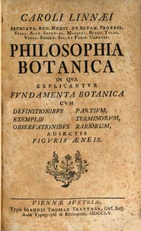 Caroli Linnaei Archiatr. Reg. Medic. Et Botan. Profess. Vpsal. Acad. Imperial. Monspel. Berol. Tolos. Vpsal. Stockh. Soc. Et Paris. Corresp. Philosophia Botanica : In Qva Explicantvr Fvndamenta Botanica Cvm Definitionibvs Partivm, Exemplis Terminorvm, Observationibvs Rariorum, Adiectis Figvris Aeneis