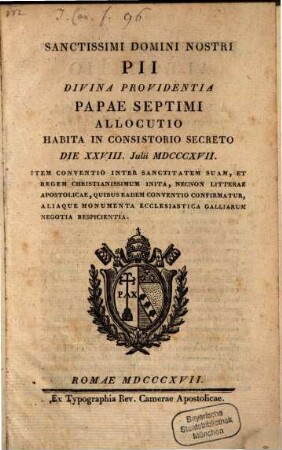 Allocutio habita in Consistorio secreto 28. Jul. 1817