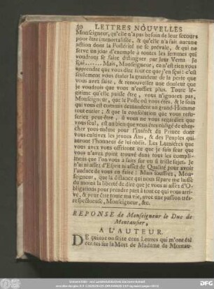Reponse de Monseigneur le Duc de Montausier, A L'Auteur.
