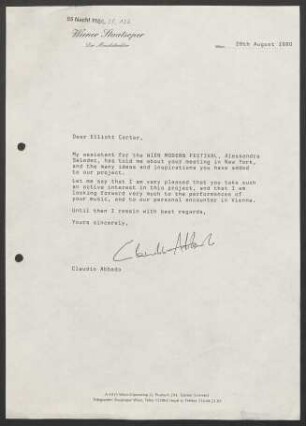 Brief an Elliott Carter, 28.08.1990