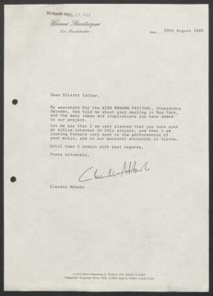 Brief an Elliott Carter, 28.08.1990