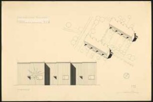 Wettbewerb VDS Bonn Sozialer Wohnungsbau: Zweigeschossiger Wohntyp: Ansicht 1:50, perspektivische Ansicht (Vogelschau) 1:200