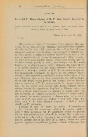 Núm. 48. Carta del P. Mateo Gisbert al R. P. Juan Ricart, Superior de la Misión