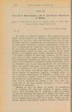 Núm. 48. Carta del P. Mateo Gisbert al R. P. Juan Ricart, Superior de la Misión