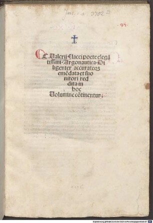 Argonautica : mit Widmungsbrief des Druckers an Antonius Bentivolus Galeatius. Mit Gedicht an den Leser von Petrus Nicolaus de Castellaniis