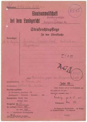 Angeklagter: Reichenbach, Albert (Bauer); Oberglottertal *23.08.1905 in Oberglottertal; + ? Delikt: Verbrechen gegen die Kriegswirtschaftsverordnung Schwarzschlachtung Tatort: Oberglottertal Tatzeit: November 1941-Januar 1942