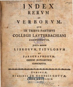Wolffgangi Adami Lauterbachii Icti Quondam Tubingensis Collegium Theoretico-Practicum. Index
