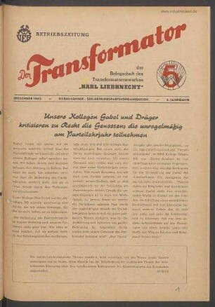 TRO-Betriebszeitung 'Der Transformator'; keine Angabe zur Ausgabenummer (14)/1951 (Dezember 1951)