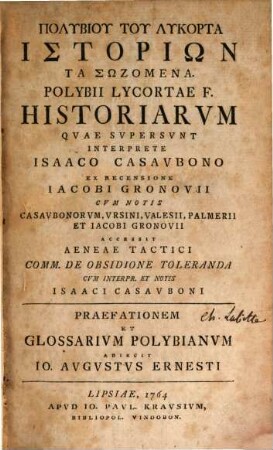 Polybiu Tu Lykorta Historiōn Ta Sōzomena, [1,1]. [Polybiu Tu Megalopolitu Historiōn Bibloi 5]