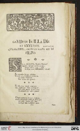 GaVDete In ILLa DIe et eXVLtate qVIa proDIVIt, ortVset natVs est IbI fILIVs