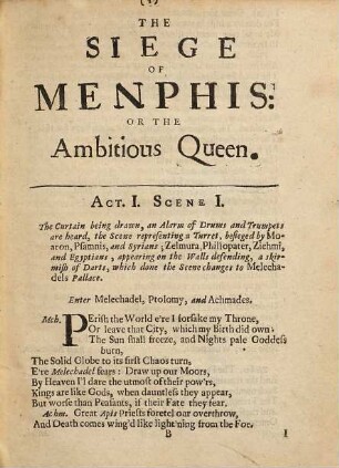 Siege Of Memphis, Or The Ambitious Queen : A Tragedy, Acted at the Theater-Royal