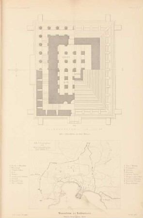 Mausoleum, Halikarnass: Lageplan, Grundrisse (aus: Atlas zur Zeitschrift für Bauwesen, hrsg. v. Ministerium der öffentlichen Arbeiten, Jg. 50, 1900)