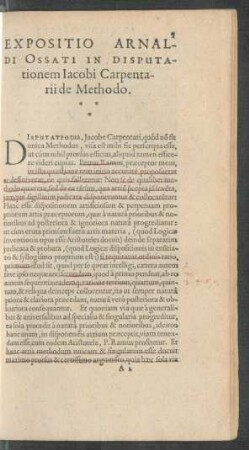 Expositio Arnaldi Ossati In Disputationem Iacobi Carpentarii de Methodo.